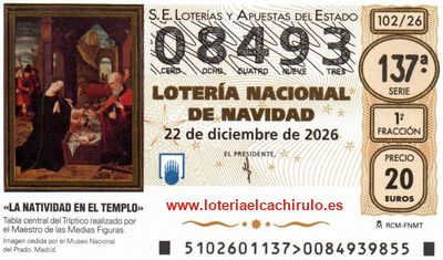 Anverso del décimo 08493 de la Lotería de Navidad 2026, de Logroño (La Rioja)